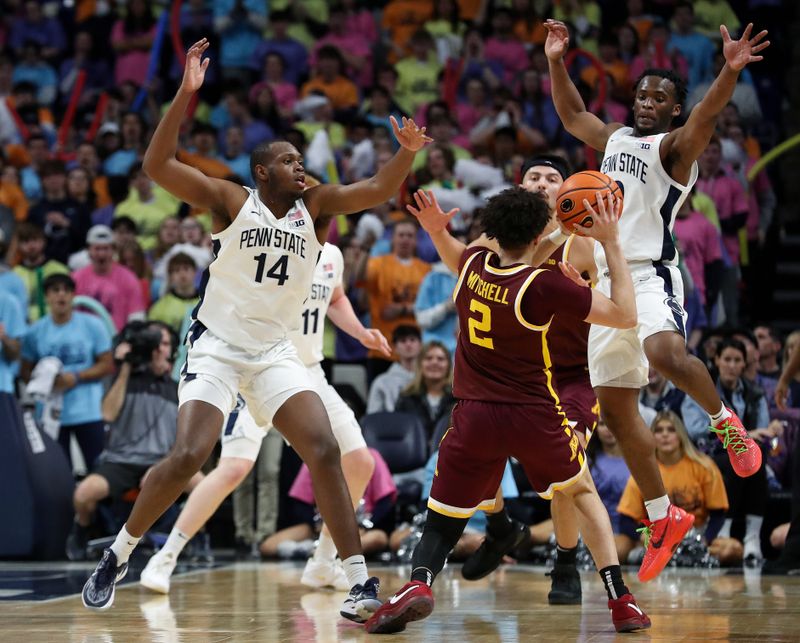 Jan 27, 2024; University Park, Pennsylvania, USA; Penn State Nittany Lions forward Demetrius Lilley (14) and guard Kanye Clary (0) block as Minnesota Golden Gophers guard Mike Mitchell Jr (2) looks to pass the ball during the first half at Bryce Jordan Center. Minnesota defeated Penn State 83-74. Mandatory Credit: Matthew O'Haren-USA TODAY Sports