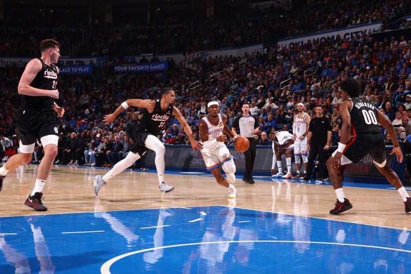 OKLAHOMA CITY, OK - NOVEMBER 20: Shai Gilgeous-Alexander #2 of the Oklahoma City Thunder dribbles the ball during the game against the Portland Trail Blazers on November 20, 2024 at Paycom Center in Oklahoma City, Oklahoma. NOTE TO USER: User expressly acknowledges and agrees that, by downloading and or using this photograph, User is consenting to the terms and conditions of the Getty Images License Agreement. Mandatory Copyright Notice: Copyright 2024 NBAE (Photo by Zach Beeker/NBAE via Getty Images)