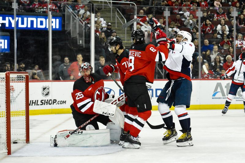 Oct 19, 2024; Newark, New Jersey, USA; Washington Capitals left wing Alex Ovechkin (8) reacts after scoring a goal against the New Jersey Devils during the first period at Prudential Center. Mandatory Credit: John Jones-Imagn Images