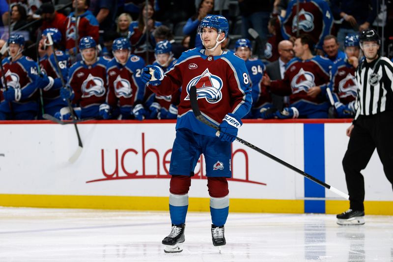 Mar 6, 2025; Denver, Colorado, USA; Colorado Avalanche center Martin Necas (88) reacts after his goal in the second period against the San Jose Sharks at Ball Arena. Mandatory Credit: Isaiah J. Downing-Imagn Images