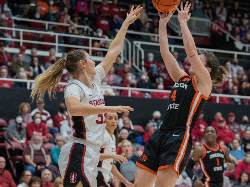 Jan 27, 2023; Stanford, California, USA; Oregon State Beavers guard Noelle Mannen (4) shoots the basketball over Stanford Cardinal guard Hannah Jump (33) during the fourth quarter at Maples Pavilion. Mandatory Credit: Neville E. Guard-USA TODAY Sports