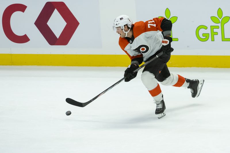 Nov 14, 2024; Ottawa, Ontario, CAN; Philadelphia Flyers right wing Tyson Foerster (71) skates with the puck in the third period against the Ottawa Senators at the Canadian Tire Centre. Mandatory Credit: Marc DesRosiers-Imagn Images