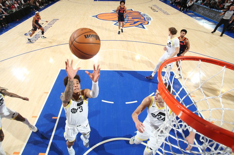 NEW YORK, NY - JANUARY 30: Keyonte George #3 of the Utah Jazz rebounds the ball during the game against the New York Knicks on January 30, 2024 at Madison Square Garden in New York City, New York.  NOTE TO USER: User expressly acknowledges and agrees that, by downloading and or using this photograph, User is consenting to the terms and conditions of the Getty Images License Agreement. Mandatory Copyright Notice: Copyright 2024 NBAE  (Photo by Nathaniel S. Butler/NBAE via Getty Images)