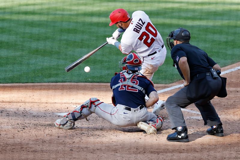 Aug 17, 2023; Washington, District of Columbia, USA; Washington Nationals designated hitter Keibert Ruiz (20) singles against the Boston Red Sox during the fifth inning at Nationals Park. Mandatory Credit: Geoff Burke-USA TODAY Sports