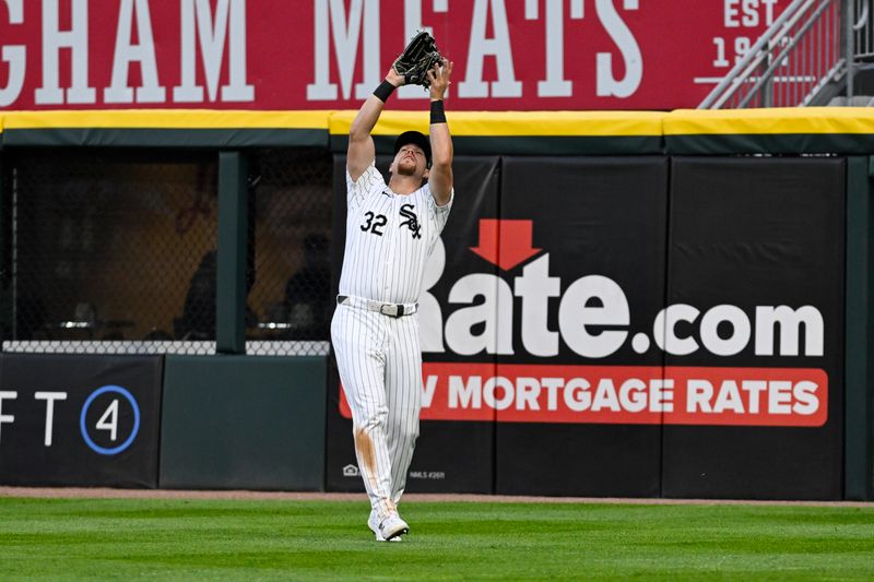 May 11, 2024; Chicago, Illinois, USA;  Chicago White Sox outfielder Gavin Sheets (32) catches a fly ball to retire Cleveland Guardians third base José Ramírez (not pictured) during the fourth inning at Guaranteed Rate Field. Mandatory Credit: Matt Marton-USA TODAY Sports