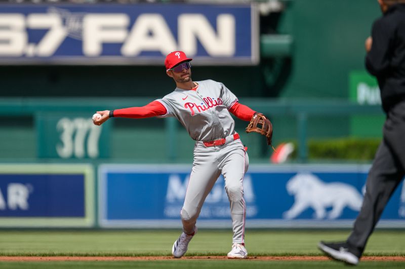 Apr 7, 2024; Washington, District of Columbia, USA; Philadelphia Phillies shortstop Trea Turner (7) throws to first base during the first inning against the Washington Nationals at Nationals Park. Mandatory Credit: Reggie Hildred-USA TODAY Sports