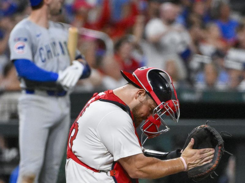 Aug 10, 2025; St. Louis, Missouri, USA;  St. Louis Cardinals catcher Pedro Pages (43) reacts after the challange call on the field was upheld and against the Chicago Cubs during the ninth inning at Busch Stadium. Mandatory Credit: Jeff Curry-Imagn Images