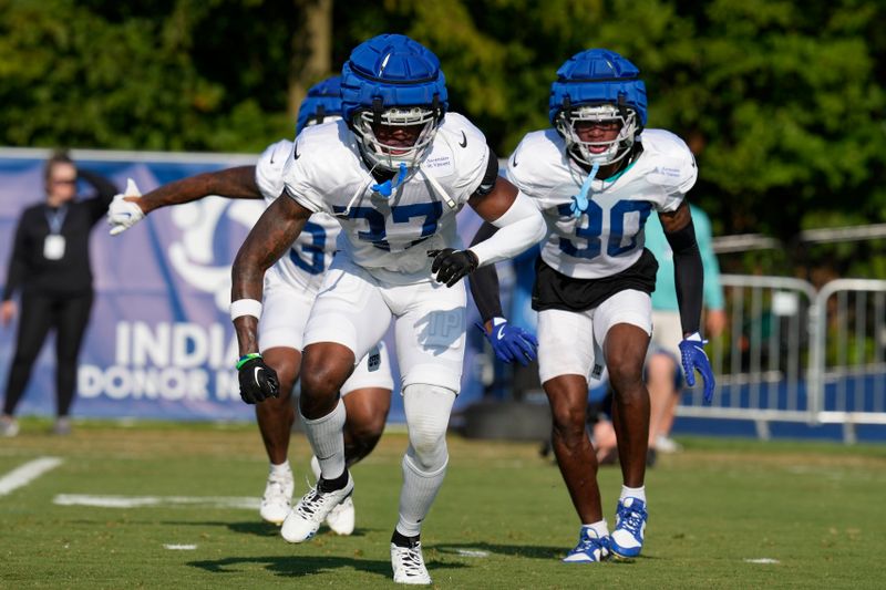 Indianapolis Colts cornerback Ameer Speed (37) runs a drill during a joint NFL football practice with the Arizona Cardinals, Wednesday, Aug. 14, 2024, in Westfield, Ind. (AP Photo/Darron Cummings)