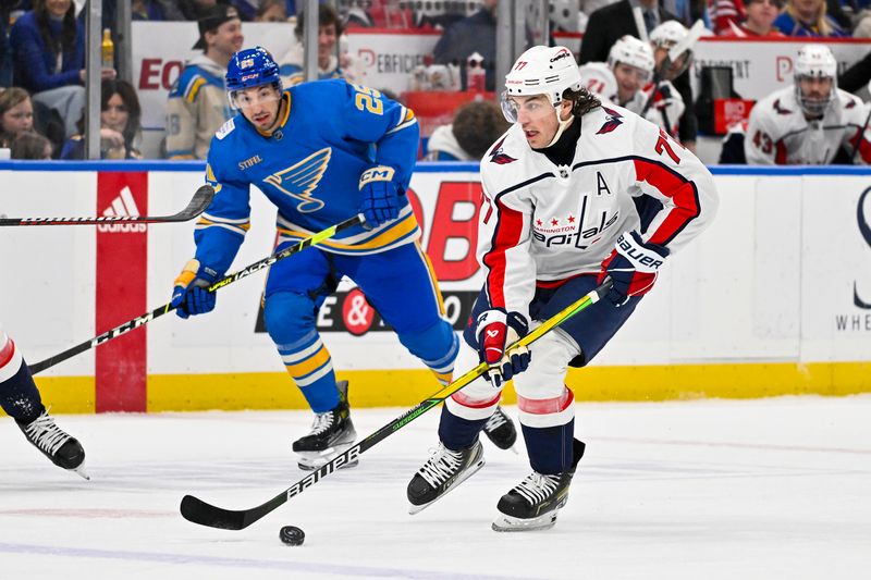 Jan 20, 2024; St. Louis, Missouri, USA;  Washington Capitals right wing T.J. Oshie (77) controls the puck against the St. Louis Blues during the first period at Enterprise Center. Mandatory Credit: Jeff Curry-USA TODAY Sports