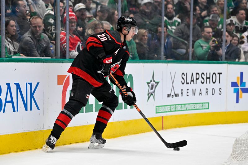 Jan 25, 2023; Dallas, Texas, USA; Carolina Hurricanes center Sebastian Aho (20) skates against the Dallas Stars during the first period at the American Airlines Center. Mandatory Credit: Jerome Miron-USA TODAY Sports