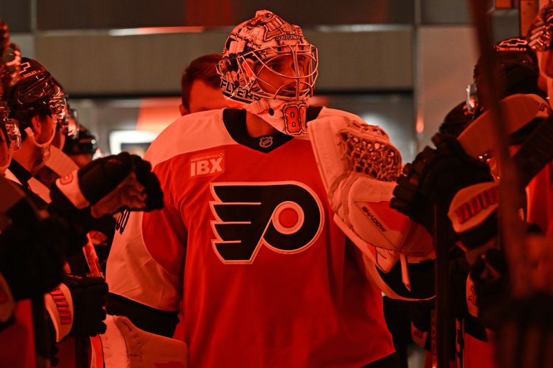 Oct 13, 2025; Philadelphia, Pennsylvania, USA; Philadelphia Flyers goaltender Dan Vladar (80) in the tunnel before warmups against the Florida Panthers at Wells Fargo Center. Mandatory Credit: Eric Hartline-Imagn Images