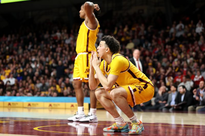 Mar 5, 2025; Minneapolis, Minnesota, USA; Minnesota Golden Gophers guard Mike Mitchell Jr. (2) reacts to a foul call during the second half against the Wisconsin Badgers at Williams Arena. Mandatory Credit: Matt Krohn-Imagn Images