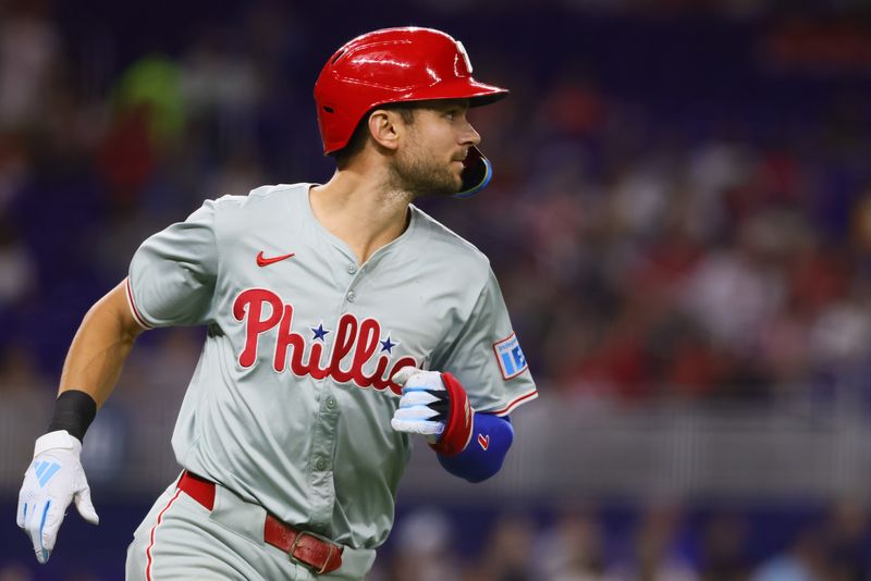 Sep 6, 2024; Miami, Florida, USA;  Philadelphia Phillies shortstop Trea Turner (7) circles the bases after hitting a home run against the Miami Marlins during the second inning at loanDepot Park. Mandatory Credit: Sam Navarro-Imagn Images