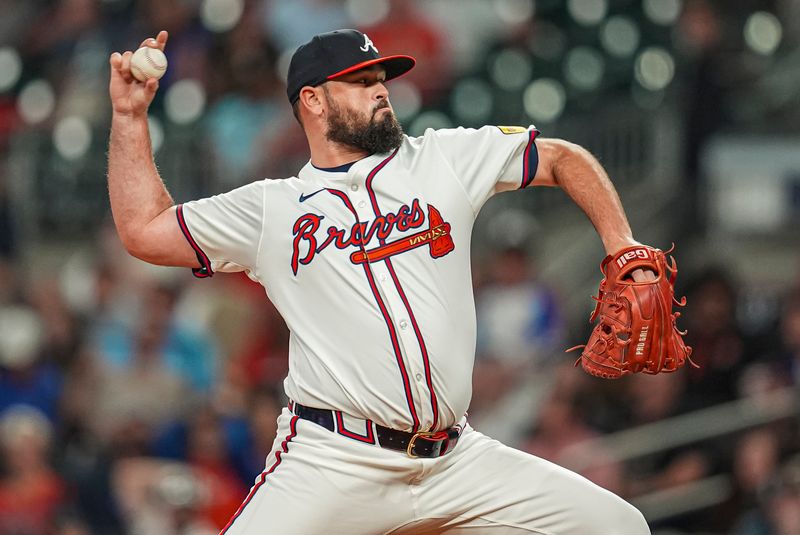 May 14, 2024; Cumberland, Georgia, USA; Atlanta Braves relief pitcher Jackson Stephens (53) pitches against the Chicago Cubs during the ninth inning at Truist Park. Mandatory Credit: Dale Zanine-USA TODAY Sports