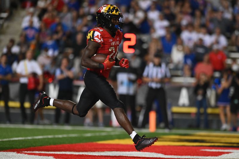 Sep 17, 2022; College Park, Maryland, USA;  Maryland Terrapins running back Roman Hemby (24) runs for a second half touchdown against the Southern Methodist Mustangs at Capital One Field at Maryland Stadium. Mandatory Credit: Tommy Gilligan-USA TODAY Sports