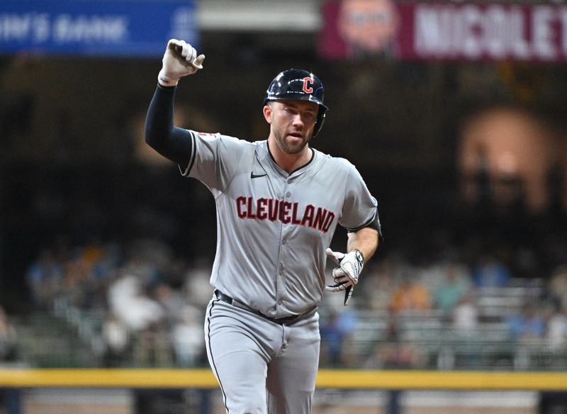 Aug 16, 2024; Milwaukee, Wisconsin, USA; Cleveland Guardians catcher David Fry (6) celebrates hitting home run against the Milwaukee Brewers in the eighth inning at American Family Field. Mandatory Credit: Michael McLoone-USA TODAY Sports