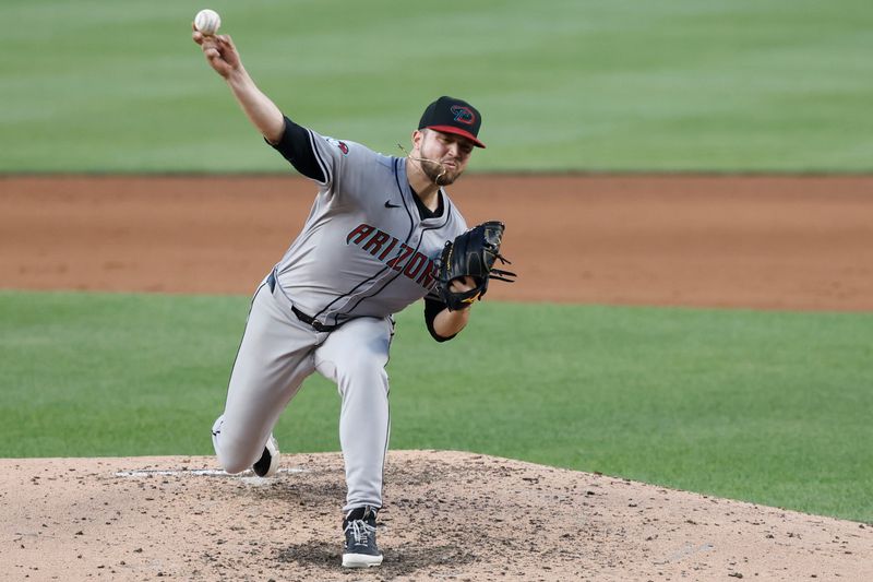 Jun 18, 2024; Washington, District of Columbia, USA; Arizona Diamondbacks starting pitcher Slade Cecconi (43) pitches against the Washington Nationals during the fifth inning at Nationals Park. Mandatory Credit: Geoff Burke-USA TODAY Sports