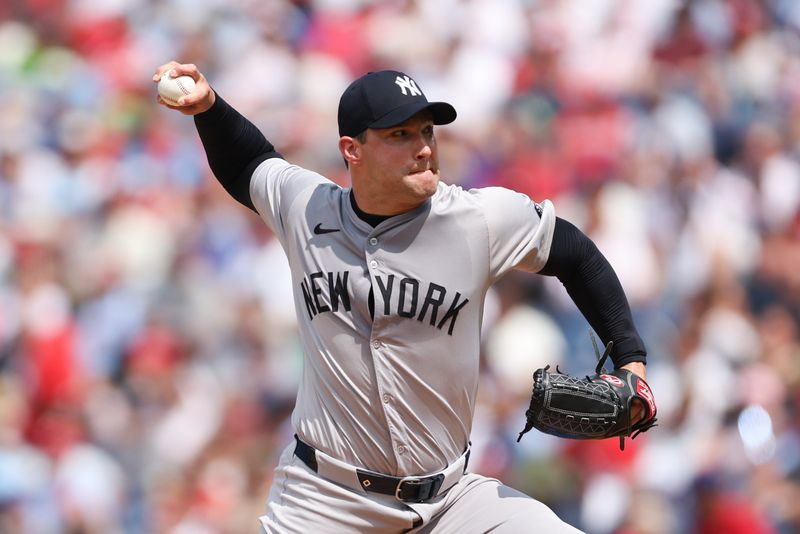 Jul 31, 2024; Philadelphia, Pennsylvania, USA;  New York Yankees pitcher Tommy Kahnle (41) throws a pitch against the Philadelphia Phillies at Citizens Bank Park. Mandatory Credit: Bill Streicher-USA TODAY Sports