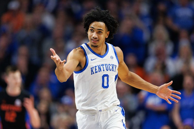 Feb 4, 2023; Lexington, Kentucky, USA; Kentucky Wildcats forward Jacob Toppin (0) reacts during the first half against the Florida Gators at Rupp Arena at Central Bank Center. Mandatory Credit: Jordan Prather-USA TODAY Sports