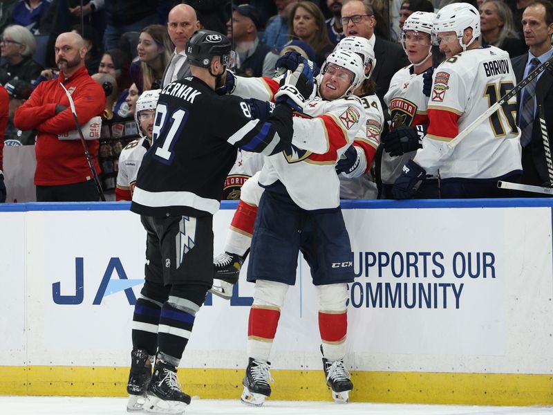 Feb 17, 2024; Tampa, Florida, USA;  Tampa Bay Lightning defenseman Erik Creak (81) and Florida Panthers center Carter Verhaeghe (23) fight in the second period at Amalie Arena. Mandatory Credit: Nathan Ray Seebeck-USA TODAY Sports