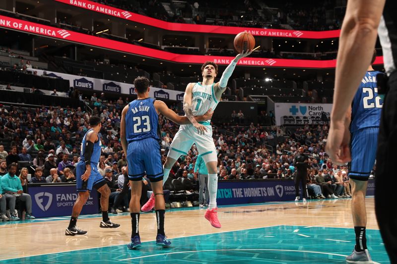 CHARLOTTE, NC - NOVEMBER 25:  LaMelo Ball #1 of the Charlotte Hornets shoots the ball during the game against the Orlando Magic during a regular season game on November 25, 2024 at Spectrum Center in Charlotte, North Carolina. NOTE TO USER: User expressly acknowledges and agrees that, by downloading and or using this photograph, User is consenting to the terms and conditions of the Getty Images License Agreement. Mandatory Copyright Notice: Copyright 2024 NBAE (Photo by Kent Smith/NBAE via Getty Images)