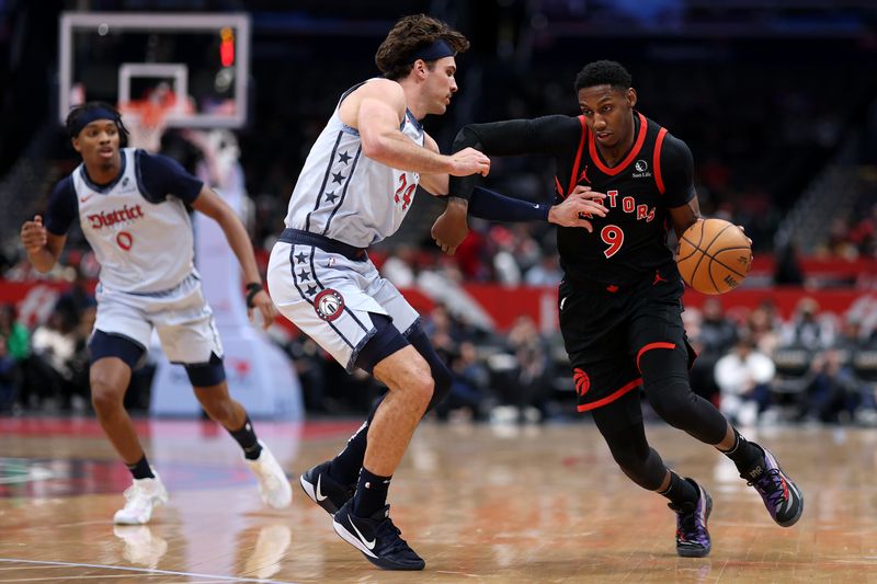 WASHINGTON, DC - JANUARY 29: RJ Barrett #9 of the Toronto Raptors dribbles past Corey Kispert #24 of the Washington Wizards during the first half at Capital One Arena on January 29, 2025 in Washington, DC. NOTE TO USER: User expressly acknowledges and agrees that, by downloading and or using this photograph, User is consenting to the terms and conditions of the Getty Images License Agreement. (Photo by Patrick Smith/Getty Images)