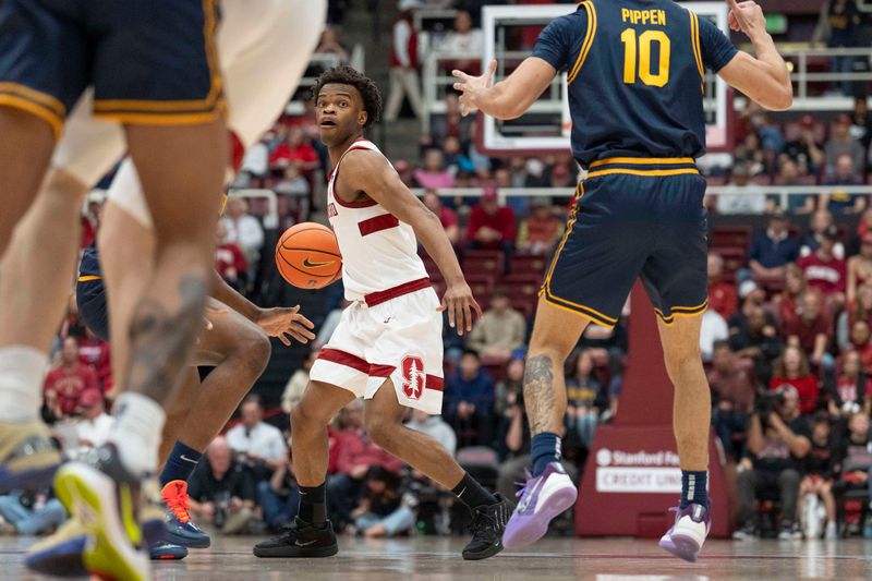 Jan 24, 2026; Stanford, California, USA;  Stanford Cardinal guard Ebuka Okorie (1) looks to pass the ball during the first half against the California Golden Bears at Maples Pavilion. Mandatory Credit: Stan Szeto-Imagn Images