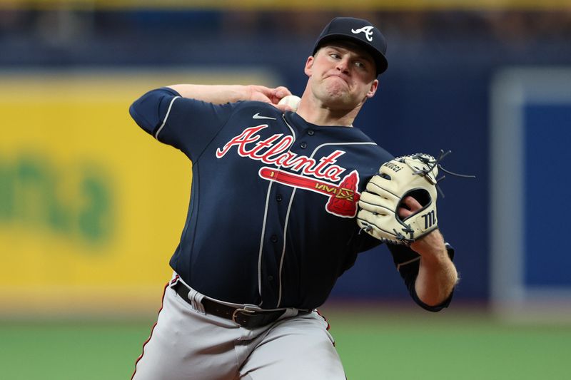 Jul 9, 2023; St. Petersburg, Florida, USA;  Atlanta Braves starting pitcher Bryce Elder (55) throws a pitch against the Tampa Bay Rays in the fourth inning at Tropicana Field. Mandatory Credit: Nathan Ray Seebeck-USA TODAY Sports