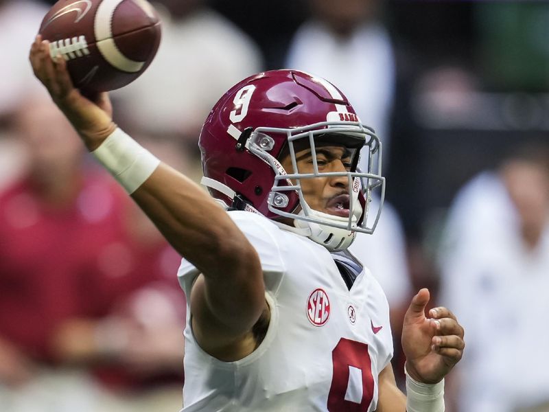 Sep 4, 2021; Atlanta, Georgia, USA; Alabama Crimson Tide quarterback Bryce Young (9) passes against the Miami Hurricanes during the first high at Mercedes-Benz Stadium. Mandatory Credit: Dale Zanine-USA TODAY Sports