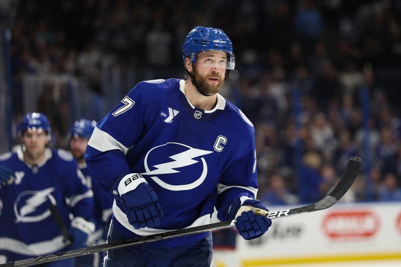 Mar 4, 2025; Tampa, Florida, USA; Tampa Bay Lightning defenseman Victor Hedman (77) celebrates after scoring a goal against the Columbus Blue Jackets in the third period at Amalie Arena. Mandatory Credit: Nathan Ray Seebeck-Imagn Images