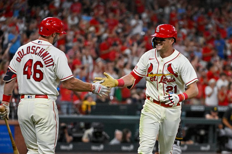 Sep 2, 2023; St. Louis, Missouri, USA;  St. Louis Cardinals center fielder Lars Nootbaar (21) celebrates with first baseman Paul Goldschmidt (46) after hitting a solo home run against the Pittsburgh Pirates during the fifth inning at Busch Stadium. Mandatory Credit: Jeff Curry-USA TODAY Sports