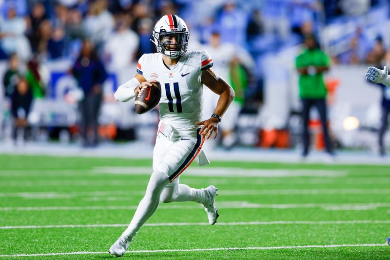 Oct 21, 2023; Chapel Hill, North Carolina, USA; Virginia Cavaliers quarterback Tony Muskett (11) passes against the North Carolina Tar Heels in the second half at Kenan Memorial Stadium. Mandatory Credit: Nell Redmond-USA TODAY Sports