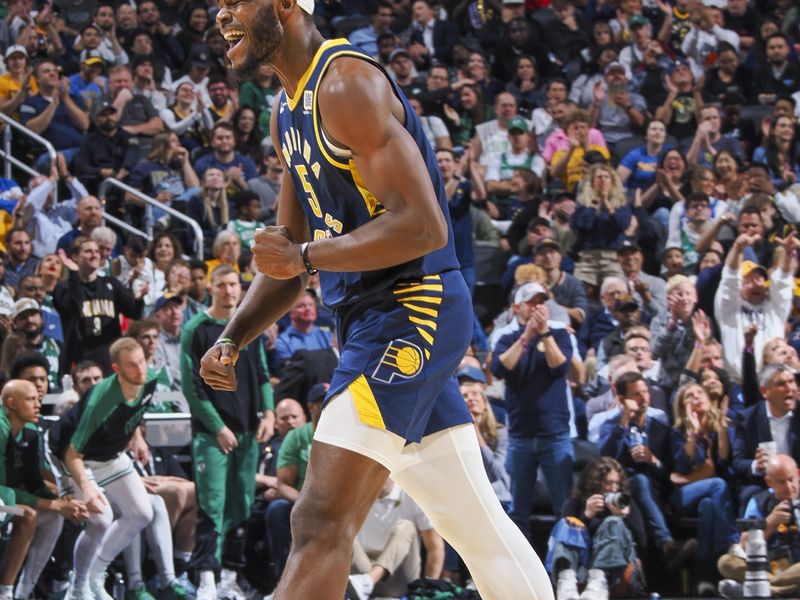 INDIANAPOLIS, IN - OCTOBER 30: Jarace Walker #5 of the Indiana Pacers celebrates during the game against the Boston Celtics on October 30, 2024 at Gainbridge Fieldhouse in Indianapolis, Indiana. NOTE TO USER: User expressly acknowledges and agrees that, by downloading and or using this Photograph, user is consenting to the terms and conditions of the Getty Images License Agreement. Mandatory Copyright Notice: Copyright 2024 NBAE (Photo by Ron Hoskins/NBAE via Getty Images)