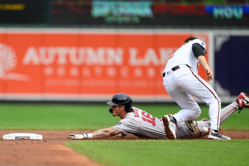 Aug 18, 2024; Baltimore, Maryland, USA; Boston Red Sox outfielder Jarren Duran (16) slides into second base against Baltimore Orioles shortstop Gunnar Henderson (2) during the third inning at Oriole Park at Camden Yards. Mandatory Credit: Reggie Hildred-USA TODAY Sports