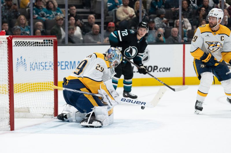 Jan 23, 2025; San Jose, California, USA;  Nashville Predators goaltender Justus Annunen (29) makes a save against the San Jose Sharks during the second period at SAP Center at San Jose. Mandatory Credit: Neville E. Guard-Imagn Images