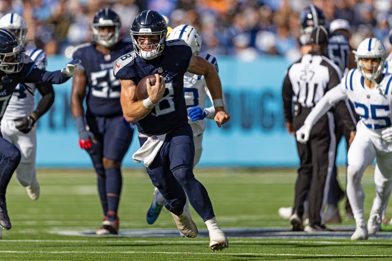 Tennessee Titans quarterback Will Levis (8) runs for yardage during the first half of their NFL football game against the Indianapolis Colts Sunday, Dec. 3, 2023, in Nashville, Tenn. (AP Photo/Wade Payne)