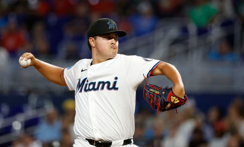 Jul 2, 2024; Miami, Florida, USA;  Miami Marlins starting pitcher Valente Bellozo (83) throws during the first inning against the Boston Red Sox at loanDepot Park. Mandatory Credit: Rhona Wise-USA TODAY Sports