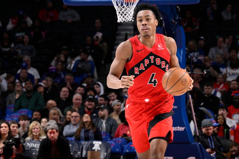 PHILADELPHIA, PA - FEBRUARY 11:  Scottie Barnes #4 of the Toronto Raptors dribbles the ball during the game against the Philadelphia 76ers on February 11, 2025 at the Wells Fargo Center in Philadelphia, Pennsylvania NOTE TO USER: User expressly acknowledges and agrees that, by downloading and/or using this Photograph, user is consenting to the terms and conditions of the Getty Images License Agreement. Mandatory Copyright Notice: Copyright 2025 NBAE (Photo by David Dow/NBAE via Getty Images)