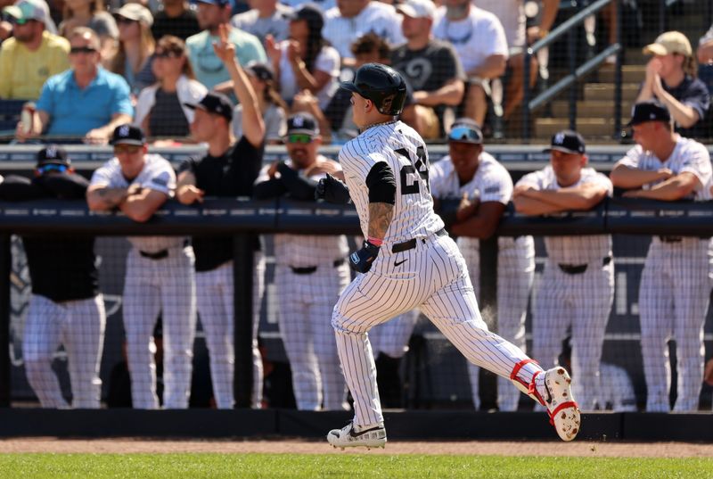 Feb 25, 2024; Tampa, Florida, USA;  New York Yankees right fielder Alex Verdugo (24) runs the bases after hitting a double during the first inning against the Toronto Blue Jays at George M. Steinbrenner Field. Mandatory Credit: Kim Klement Neitzel-USA TODAY Sports