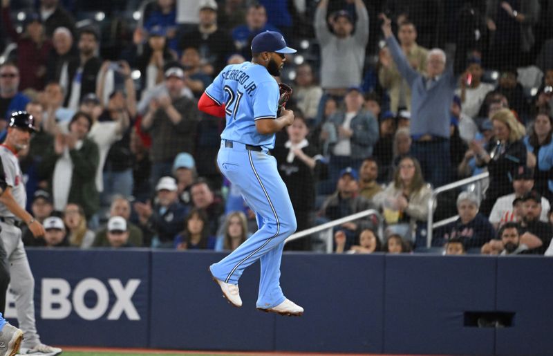 May 1, 2025; Toronto, Ontario, CAN;  Toronto Blue Jays first baseman Vladimir Guerrero Jr. (27) celebrates after a win over the Boston Red Sox at Rogers Centre. Mandatory Credit: Dan Hamilton-Imagn Images