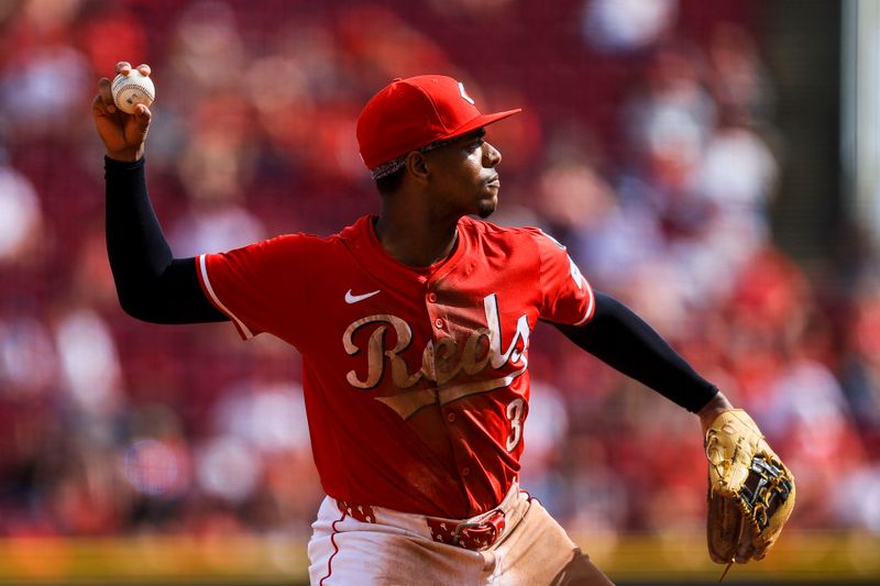 Sep 25, 2025; Cincinnati, Ohio, USA; Cincinnati Reds third baseman Ke'Bryan Hayes (3) throws to first to get Pittsburgh Pirates outfielder Tommy Pham (not pictured) out in the seventh inning at Great American Ball Park. Mandatory Credit: Katie Stratman-Imagn Images
