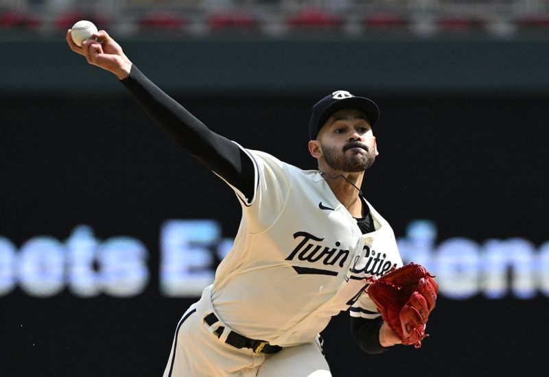 Sep 10, 2023; Minneapolis, Minnesota, USA; Minnesota Twins starting pitcher Pablo Lopez (49) delivers a pitch against the New York Mets in the second inning at Target Field. Mandatory Credit: Michael McLoone-USA TODAY Sports