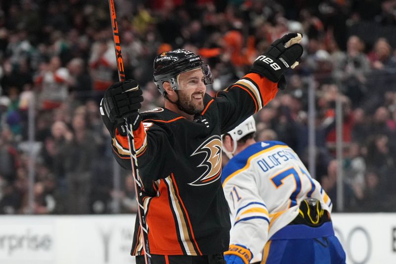 Feb 15, 2023; Anaheim, California, USA; Anaheim Ducks defenseman Kevin Shattenkirk (22) celebrates after a goal against the Buffalo Sabres in the second period  at Honda Center. Mandatory Credit: Kirby Lee-USA TODAY Sports