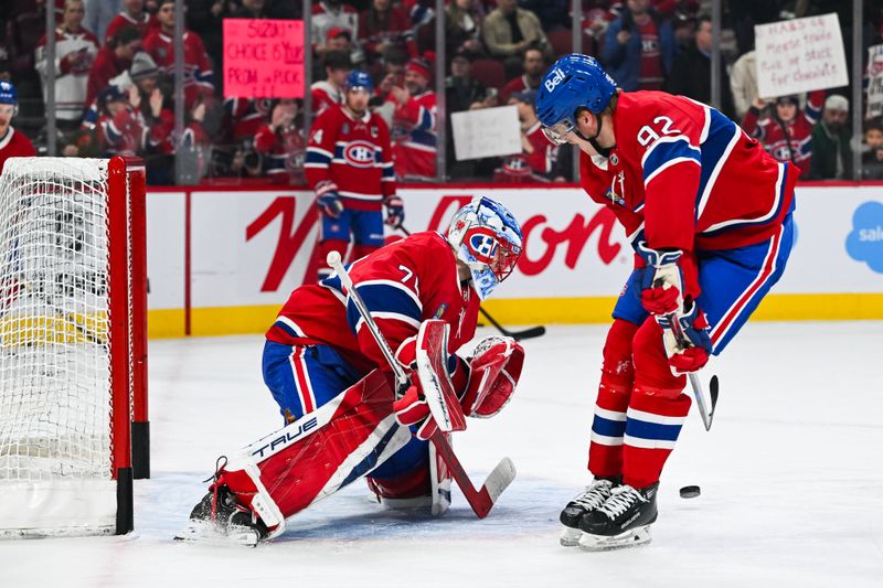 Jan 18, 2025; Montreal, Quebec, CAN; Montreal Canadiens goalie Sam Montembeault (35) makes a save against right wing Patrik Laine (92) during warm-up before the game against the Toronto Maple Leafs at Bell Centre. Mandatory Credit: David Kirouac-Imagn Images