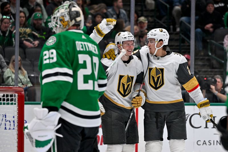 Dec 9, 2023; Dallas, Texas, USA; Vegas Golden Knights left wing Pavel Dorofeyev (16) and defenseman Zach Whitecloud (2) celebrates a goal scored by Dorofeyev against Dallas Stars goaltender Jake Oettinger (29) during the third period at the American Airlines Center. Mandatory Credit: Jerome Miron-USA TODAY Sports