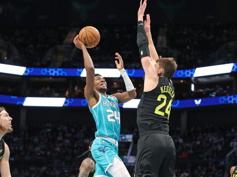 CHARLOTTE, NC - JANUARY 27: Brandon Miller #24 of the Charlotte Hornets drives to the basket during the game against the Utah Jazz on January 27, 2024 at Spectrum Center in Charlotte, North Carolina. NOTE TO USER: User expressly acknowledges and agrees that, by downloading and or using this photograph, User is consenting to the terms and conditions of the Getty Images License Agreement.  Mandatory Copyright Notice:  Copyright 2024 NBAE (Photo by Brock Williams-Smith/NBAE via Getty Images)