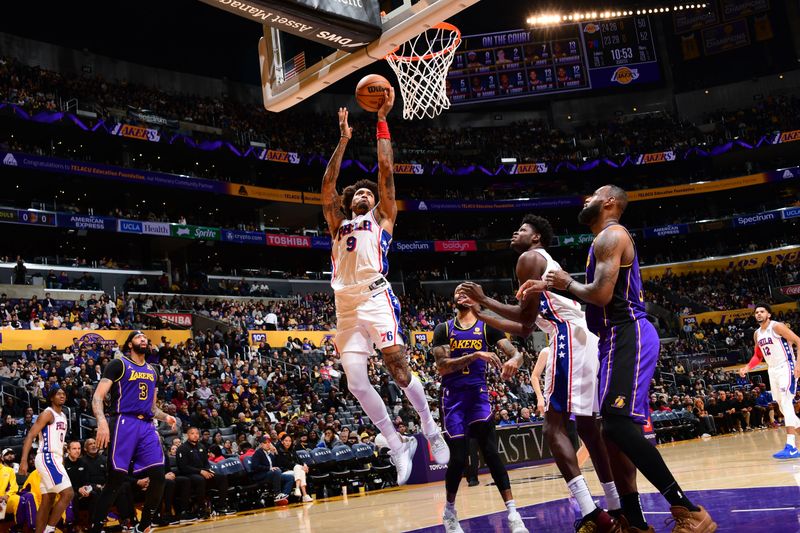 LOS ANGELES, CA - MARCH 22: Kelly Oubre Jr. #9 of the Philadelphia 76ers drives to the basket during the game against the Los Angeles Lakers on March 22, 2024 at Crypto.Com Arena in Los Angeles, California. NOTE TO USER: User expressly acknowledges and agrees that, by downloading and/or using this Photograph, user is consenting to the terms and conditions of the Getty Images License Agreement. Mandatory Copyright Notice: Copyright 2024 NBAE (Photo by Adam Pantozzi/NBAE via Getty Images)