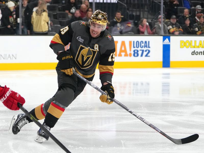 Jan 19, 2023; Las Vegas, Nevada, USA; Vegas Golden Knights right wing Reilly Smith (19) skates against the Detroit Red Wings during the second period at T-Mobile Arena. Mandatory Credit: Stephen R. Sylvanie-USA TODAY Sports