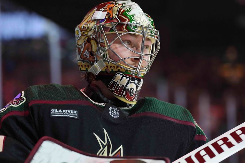 Feb 19, 2024; Tempe, Arizona, USA; Arizona Coyotes goalie Matt Villalta looks on against the Edmonton Oilers during the second period at Mullett Arena. Mandatory Credit: Joe Camporeale-USA TODAY Sports