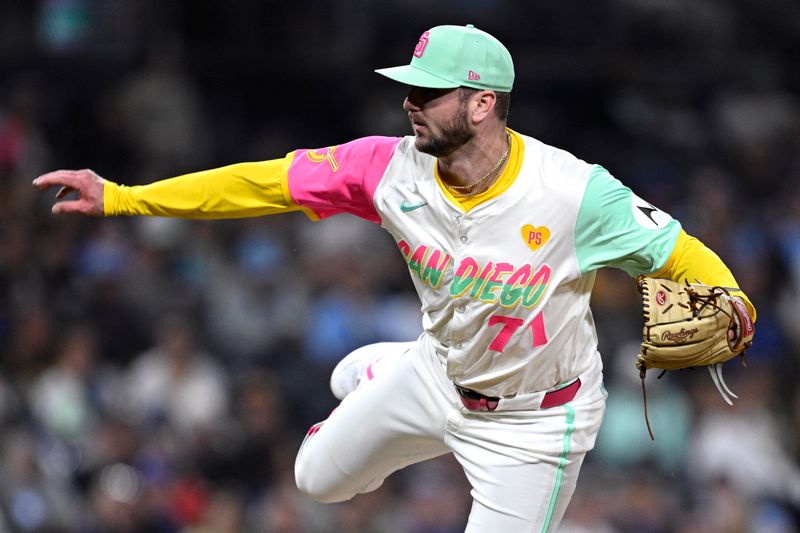 Apr 19, 2024; San Diego, California, USA; San Diego Padres relief pitcher Logan Gillaspie (71) throws a pitch against the Toronto Blue Jays during the ninth inning at Petco Park. Mandatory Credit: Orlando Ramirez-USA TODAY Sports 